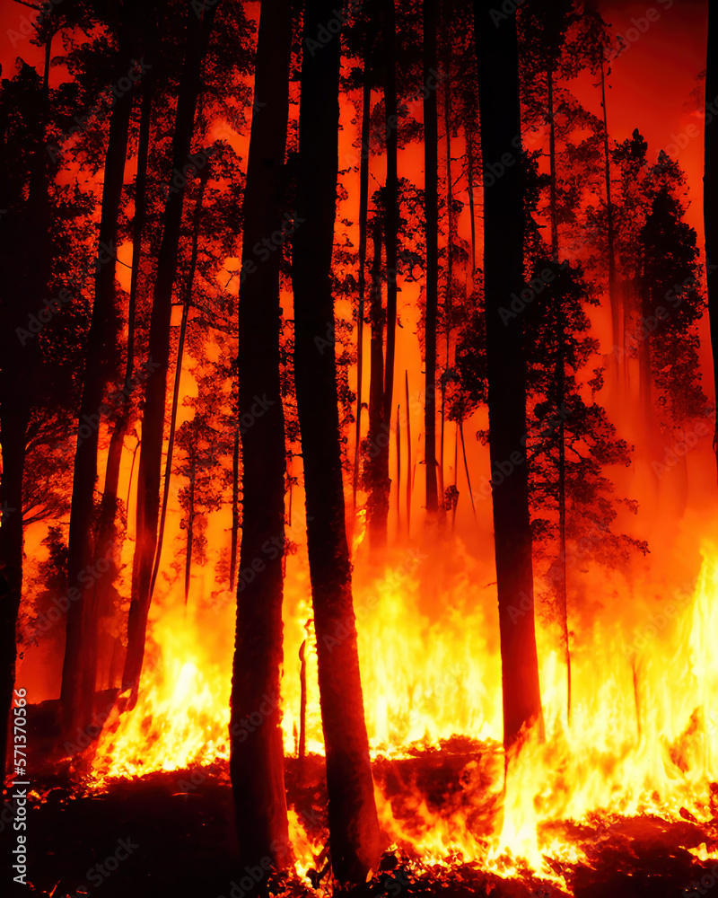 Fire in the forest at night, generative ai illustration Fire in the forest at night, generative ai illustration