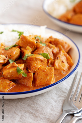 Homemade Easy Indian Butter Chicken with Rice on a Plate, low angle view. Close-up.