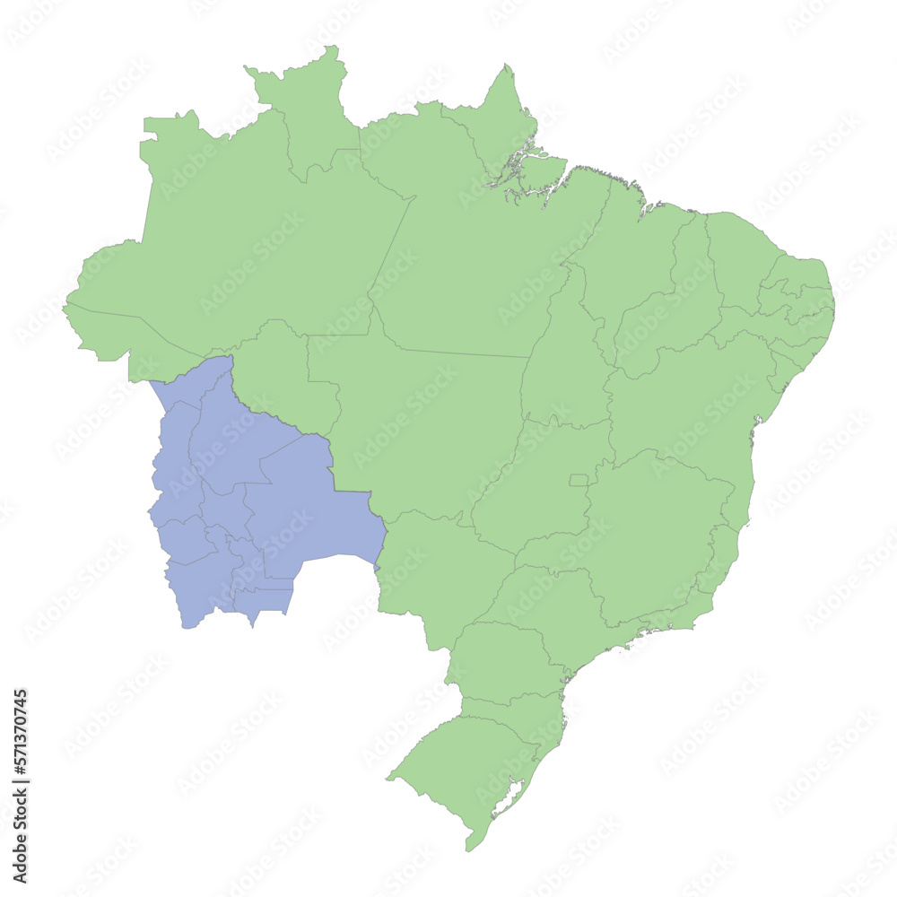 High quality political map of Brazil and Bolivia with borders of the regions or provinces.