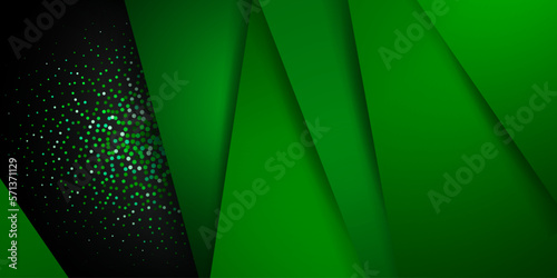 Abstract background in green colors with several overlapping surfaces with shadows and a lot of small sparkles