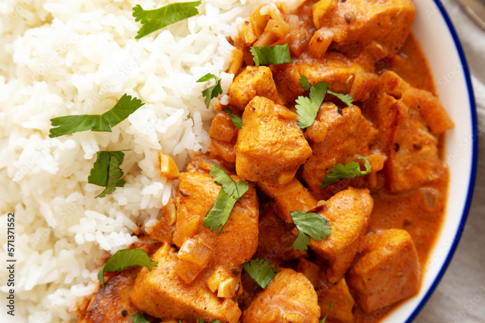 Homemade Easy Indian Butter Chicken with Rice on a Plate, top view. Flat lay, overhead, from above. Close-up. Homemade Easy Indian Butter Chicken with Rice on a Plate, top view. Flat lay, overhead, from above. Close-up.