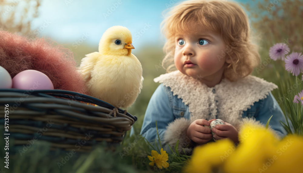 A little girl lying in a meadow looks at a easter basket with a fluffy chicken, easter character concept. Illustration. AI Generative.