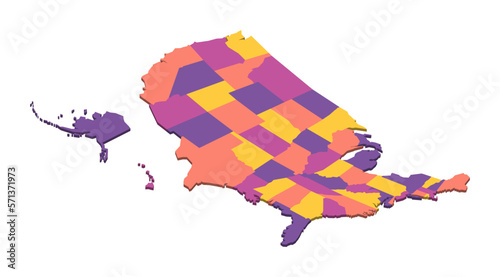 United States of America political map of administrative divisions - states and federal district Washington, D.C. Isometric 3D blank vector map in four colors scheme.
