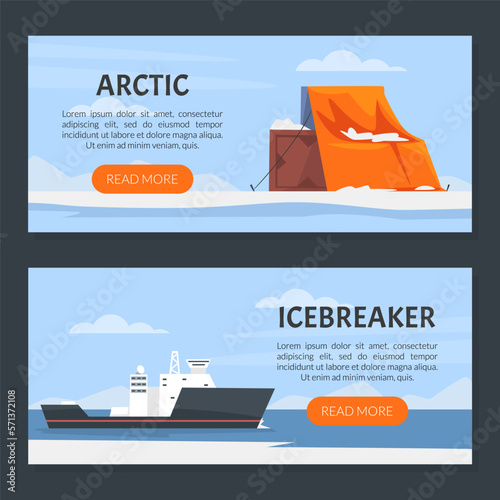 Arctic exploration landing page. Scientific station on North Pole and icebreaker vector illustration