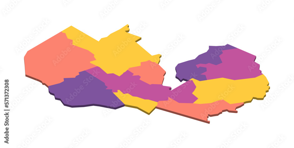 Zambia political map of administrative divisions - provinces. Isometric 3D blank vector map in four colors scheme.