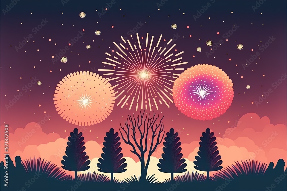Obraz premium Fireworks flat illustration created with Generative AI 
