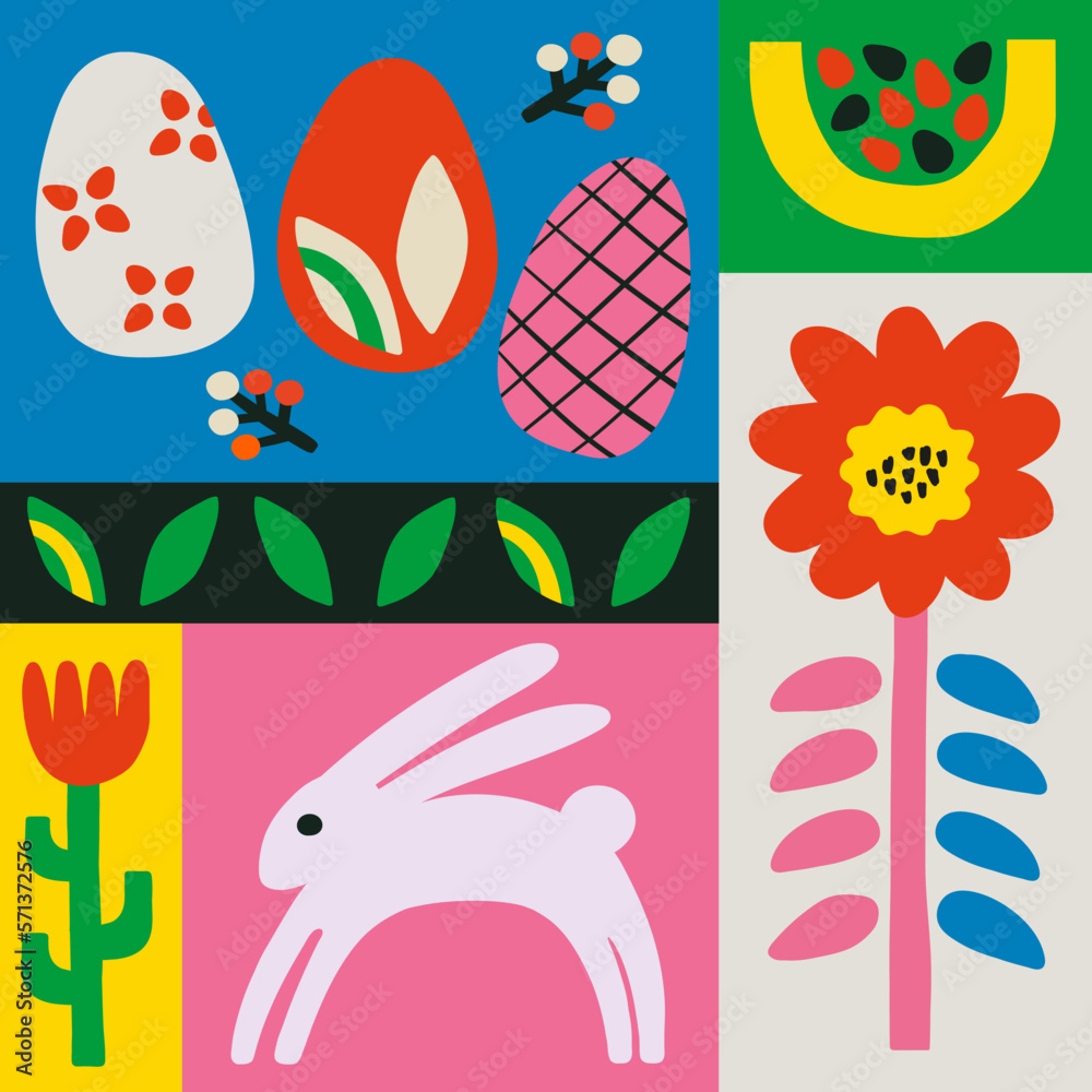 Happy Easter banner. Trendy Easter design. Modern minimal template with flora, rabbit, egg hand drawn.