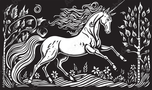 Trendy black and white illustration of a linocut art or colouring page of a unicorn