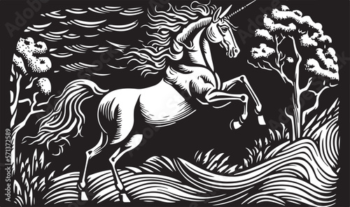 Trendy black and white illustration of a linocut art or colouring page of a unicorn