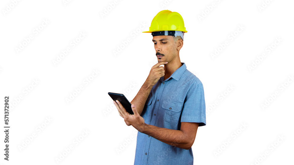 Engineers day - Black Man in Safety Helmet and Blue Shirt isolated. Engineer Holding Mobile. Engineers day - Black Man in Safety Helmet and Blue Shirt isolated. Engineer Holding Mobile.