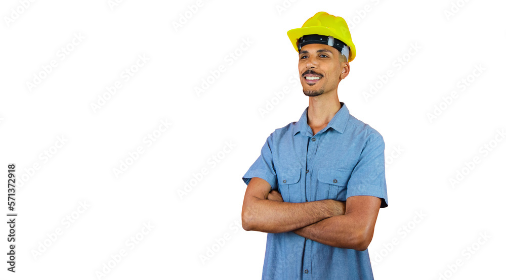 Engineers day - Black Man in Safety Helmet and Blue Shirt isolated on orange. Engineers day - Black Man in Safety Helmet and Blue Shirt isolated on orange.