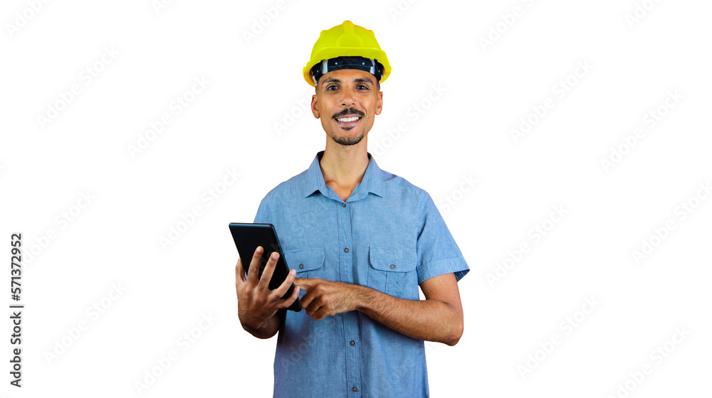 Engineers day - Black Man in Safety Helmet and Blue Shirt isolated. Engineer Holding Mobile. Engineers day - Black Man in Safety Helmet and Blue Shirt isolated. Engineer Holding Mobile.