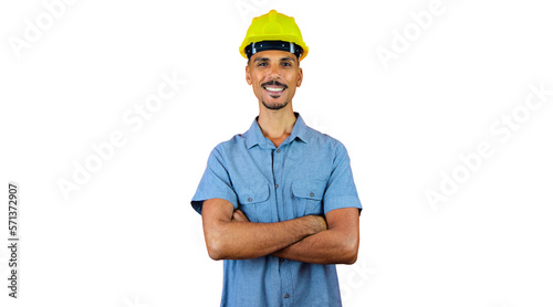 Engineers day - Black Man in Safety Helmet and Blue Shirt isolated on orange.