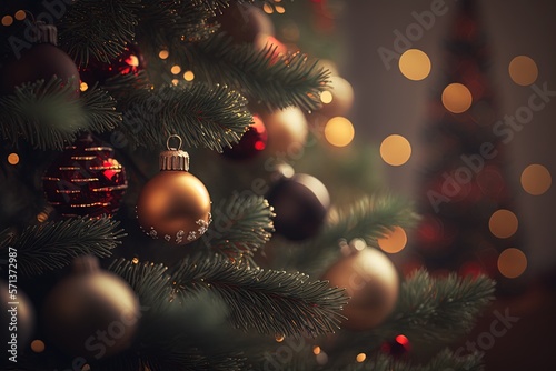 Christmas tree decorated against a blurry background. Generative AI