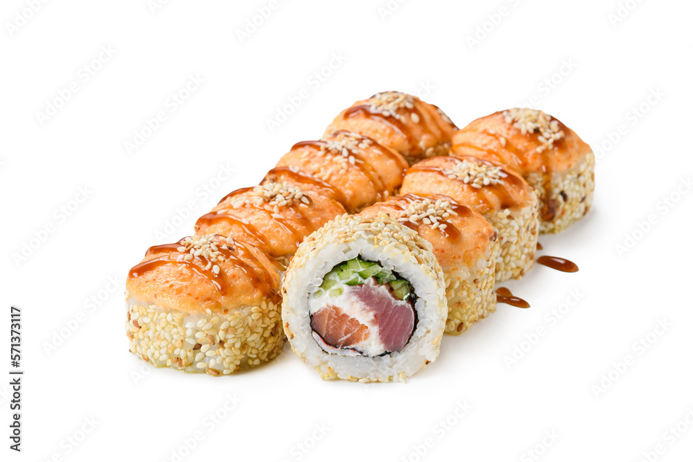A portion of hot baked salmon and tuna rolls with unagi sauce.