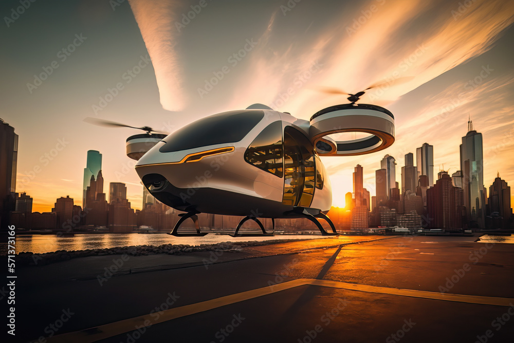 Future of urban air taxi in the city in sunset, Public aerial ...