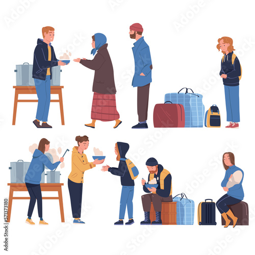 Volunteers giving food, helping homeless people and refugees set. Humanitarian support to refugees and migrants vector illustration