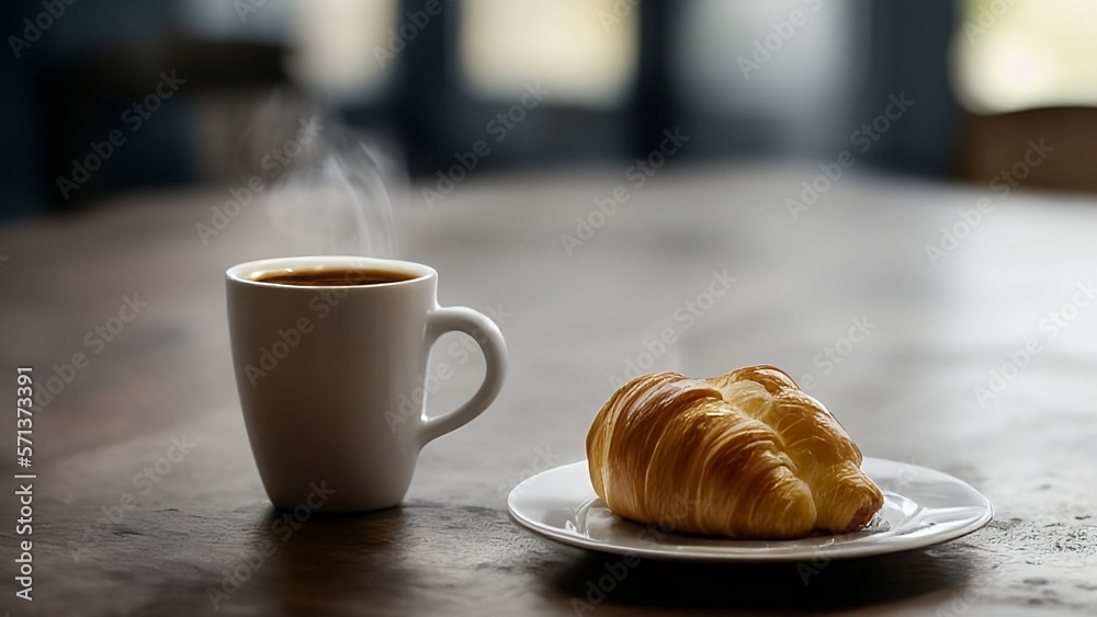 A baked croissant with a cup of hot coffee on the table, French breakfast, pastries, generative ai A baked croissant with a cup of hot coffee on the table, French breakfast, pastries, generative ai