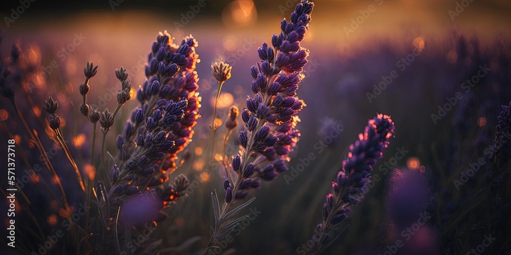 Lavender flower background with beautiful purple colors and bokeh lights. Blooming lavender in a field at sunset in Provence, France. Close up. Selective focus. Generative AI