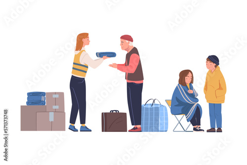 Volunteer giving warm clothes and blankets to refugees in distribution point vector illustration