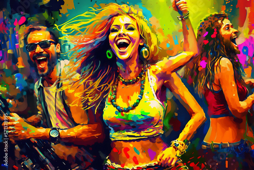 Illustration of dancing people in a club. Abstract illustration with paint splatters with vibrant colors and rainbow flag colors. Happy dancing at nightclub, ai generated, Generative AI