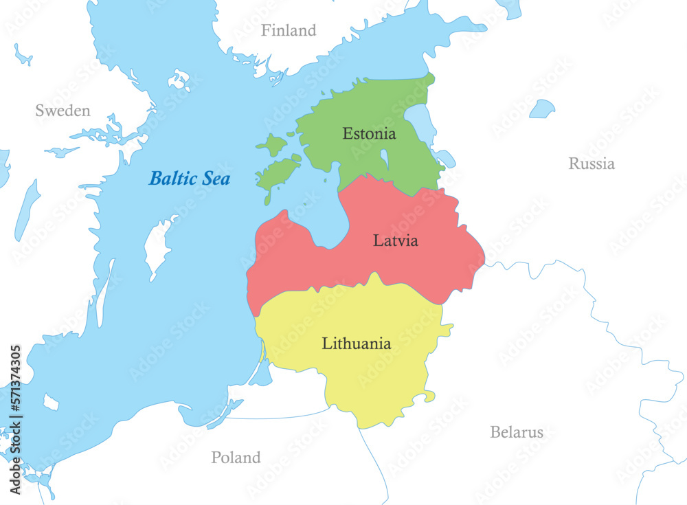 map of Baltic states with borders of the countries.