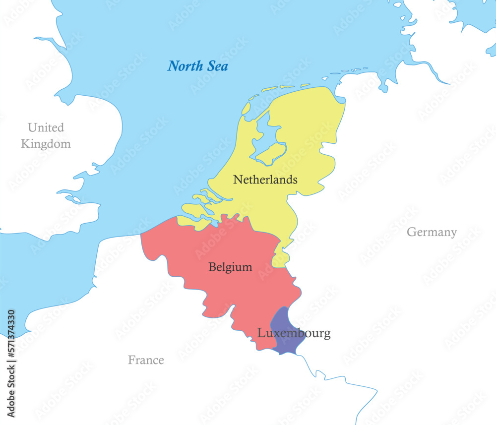 map of Benelux with borders of the countries.