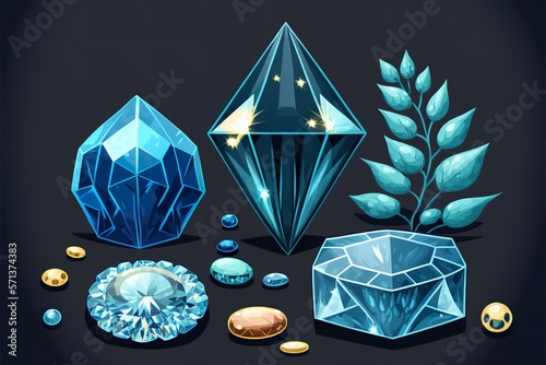 Beautiful jewels (crystals, diamonds) flat illustration created with Generative AI  photo