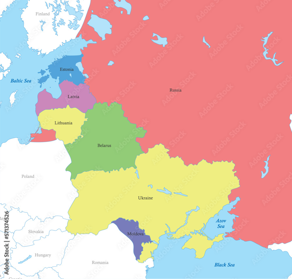 map of Eastern Europe with borders of the countries.