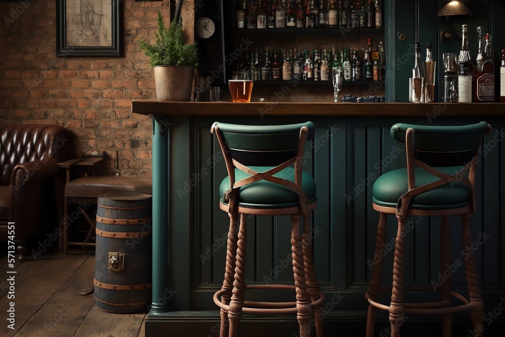 British Pub bar counter with green bar stools, brick wall. Loft bar