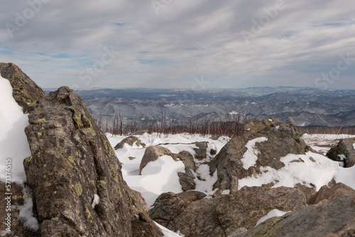 Rows of snow covered mountain ridge lines from bolder on Round Bald on Roan Mountain. 