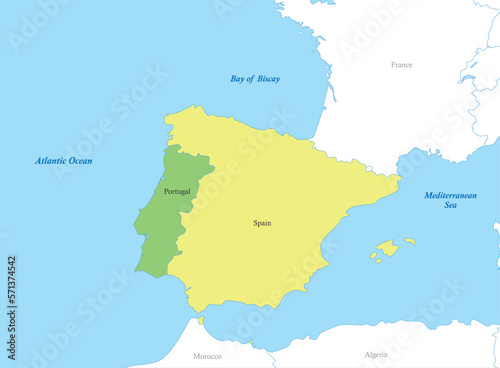 map of Southwestern Europe with borders of the countries. Iberian Peninsula