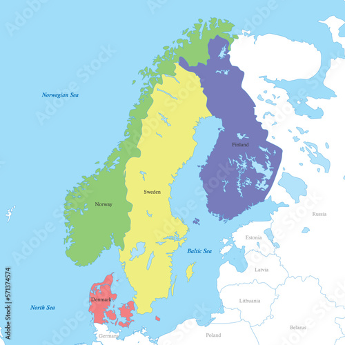 map of Northern Europe with borders of the countries. Scandinavia