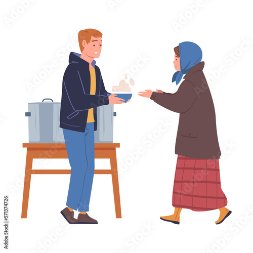 Volunteer giving food to homeless people. Humanitarian aid help organisation helping refugees and migrants vector illustration