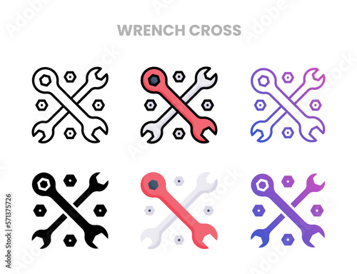 Wrench Cross icons vector illustration set line, flat, glyph, outline color gradient. Great for web, app, presentation and more. Editable stroke and pixel perfect.