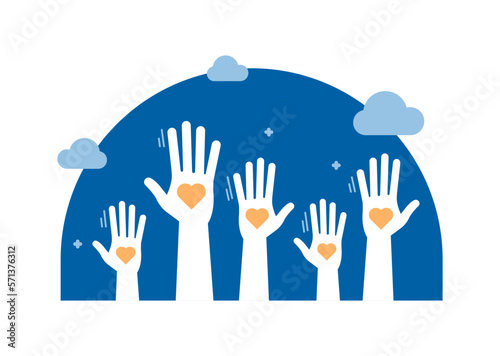 Volunteers and charity work. Raised helping hands. Vector icon background banner illustrations with a crowd of people ready and available to help and contribute. Positive foundation, business