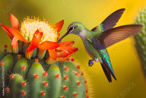 Hummingbird bird hangs in the air above a cactus flower, drinks nectar, pollinates. Generative AI