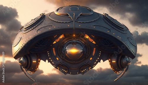 Cyberpunk spaceship in the sky UFO concept illustration.
