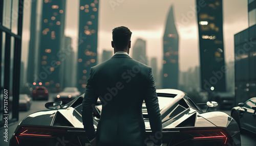 Businessman in suit standing by the modern supercar, Skyscrapers on background. Concept of a successful businessman, success. digital ai art	 photo