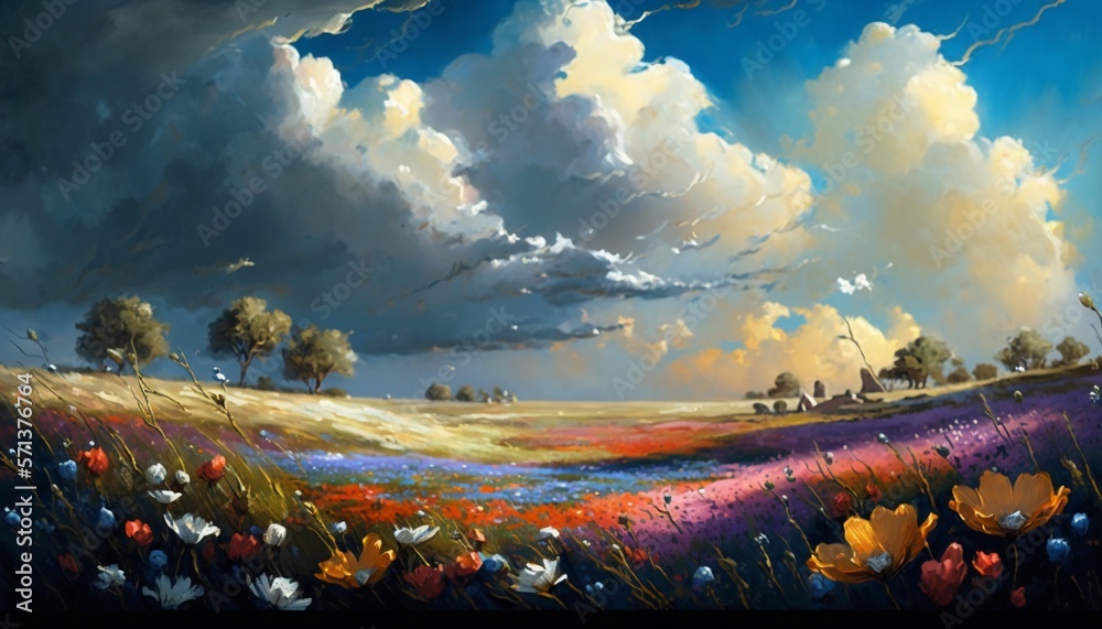 colorful wild flower field landscape with clouds