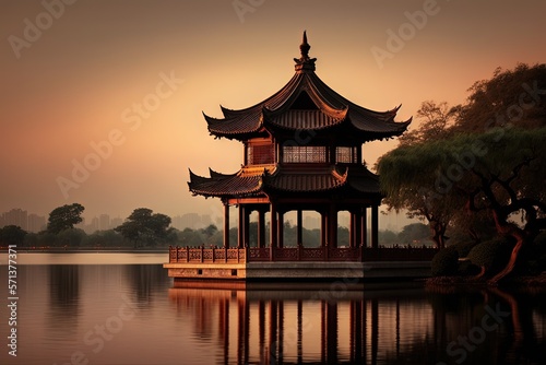 Jixian Pavilion at dusk in Hangzhou. The word in Chinese on the picture means Jixian pavilion. On Hangzhou's West Lake is an antique Chinese pavilion. One of China's most well known picturesque loca