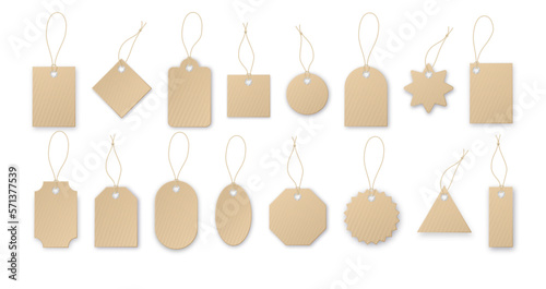 Realistic vector price tag. Cardboard label, paper sale tags mockup blank labels template shopping gift empty stickers with ropes tags vector