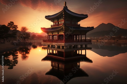 Sunset at the water pavilion of Seoul  South Korea s Gyeongbokgung palace. Generative AI