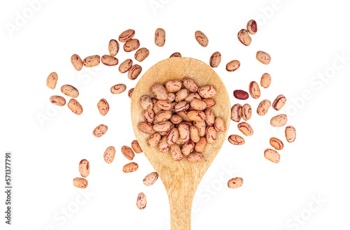 Raw pinto beans in a wooden spoon, isolated on transparent background. PNG. Healthy dried legumes	
