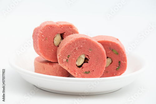 Indian Mithai Pink Kaju Rose Cake Cassata Or Kasata Is Made Of Cashew Nuts, Gulab, Dry Fruits, Badam, Almonds. Enjoyed On Holi, Diwali, Rakshabandhan, Janmashtami, Navaratri, Puja, Makar Sankranti photo