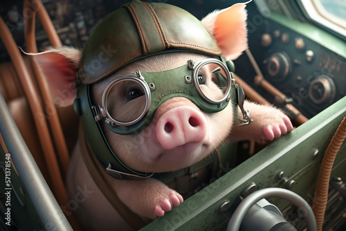 Little pig flying an airplane generated with AI