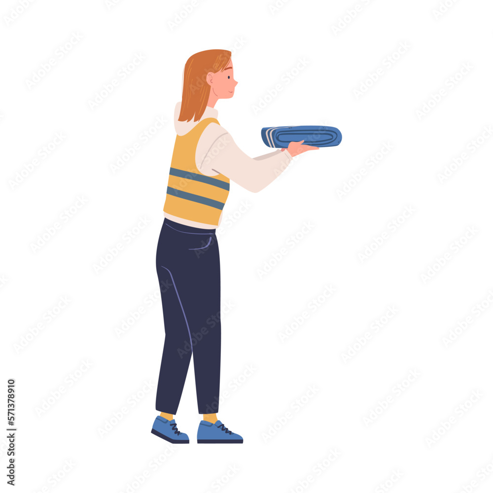 Volunteer woman giving warm clothes and blankets to refugees or homeless people in distribution point vector illustration Volunteer woman giving warm clothes and blankets to refugees or homeless people in distribution point vector illustration