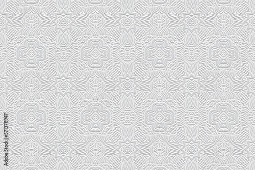 Embossed white background, cover design. Geometric vintage 3D pattern, press paper, leather. Ornaments of the East, Asia, India, Mexico, Aztecs, Peru. Ethnic boho motifs.