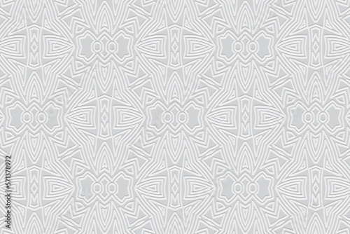 Embossed white background, cover design. Geometric elegant 3D pattern, press paper, leather. Ornaments of the East, Asia, India, Mexico, Aztecs, Peru. Ethnic boho motifs.