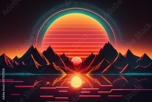 Retro futuristic background with neon sun and mountains reflecting the light . Generative AI